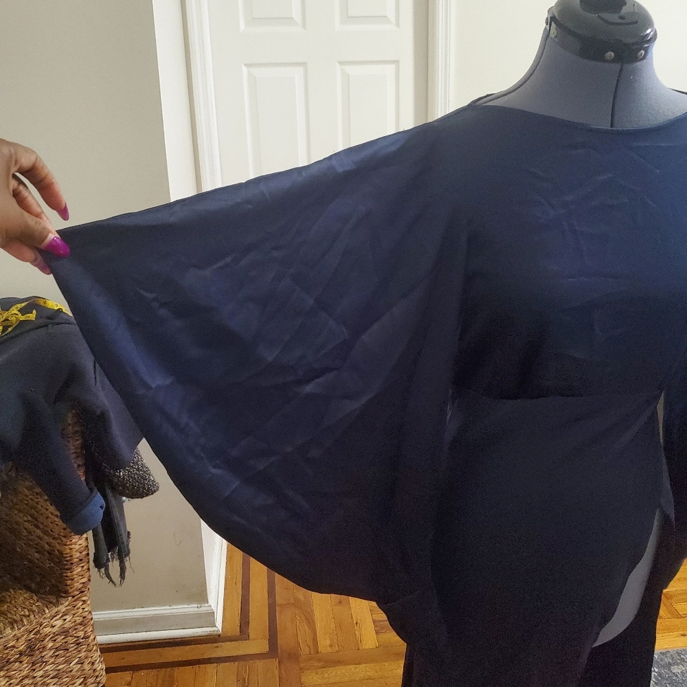 Loaded Navy Blue Asymmetrical Midi Dress Women's Draped Cape Sleeve High Low Sm - Picture 4 of 8